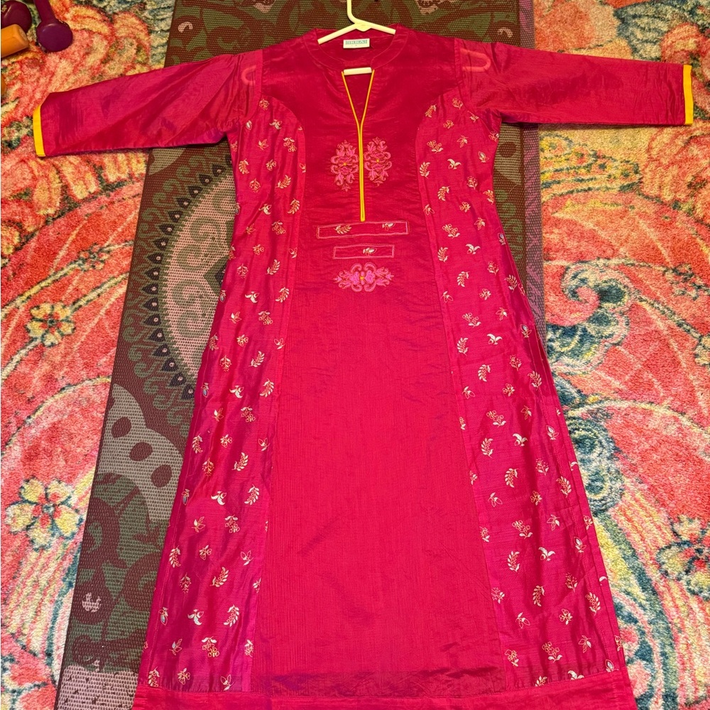 Vibrant Pink Embroidered Kurta with Saffron trim